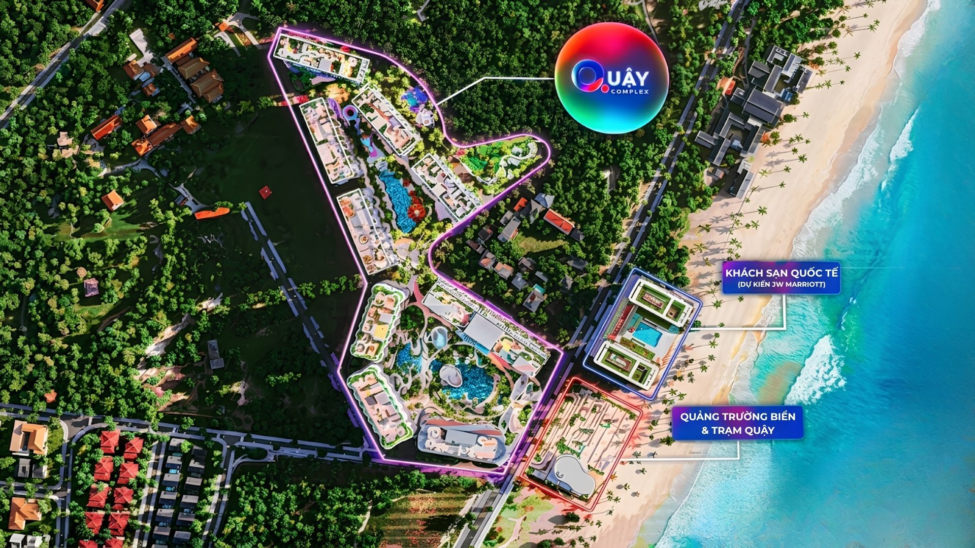 Phối cảnh mặt bằng The Quậy Complex với quảng trường biển, Trạm Quậy và phân khu khách sạn quốc tế