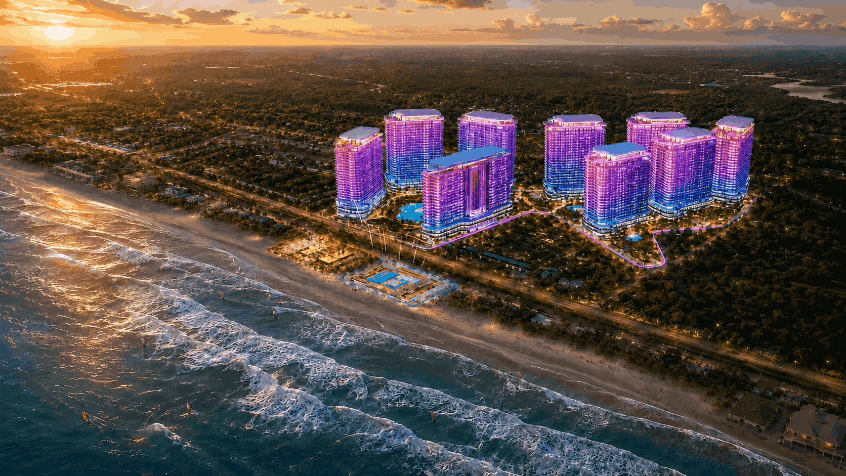 Toàn cảnh hoàng hôn 9 tòa tháp neon dự án The Quậy Complex bên bờ biển Phước Hải