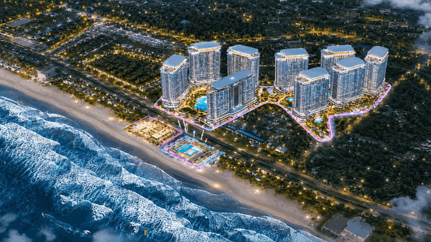 Toàn cảnh 9 tòa tháp The Quậy Complex về đêm bên bãi biển Phước Hải