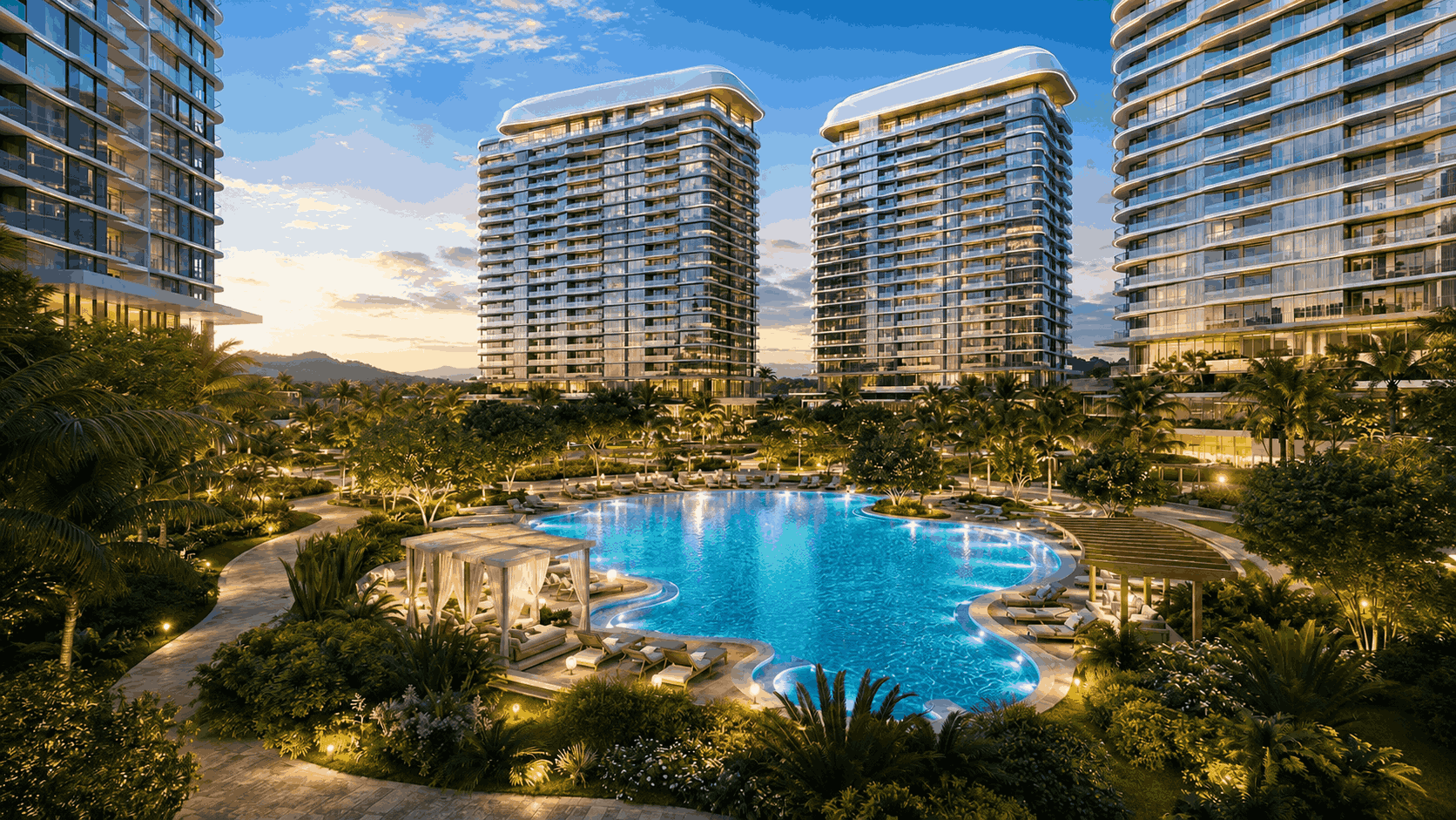 Hồ bơi resort giữa các tòa tháp The Quậy Complex lúc hoàng hôn
