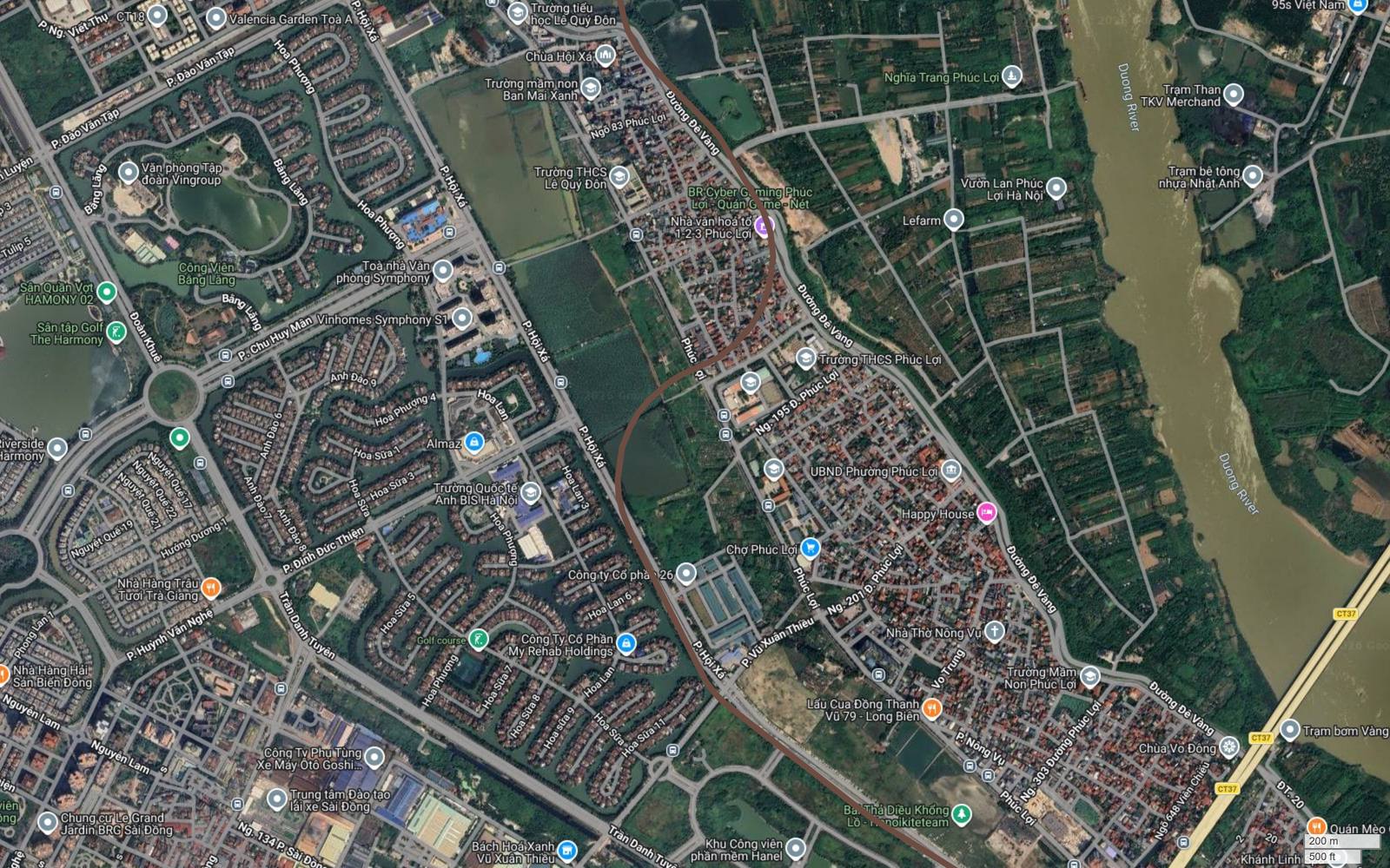 Metro số 7 đi giữa hai hình thái đô thị ở Long Biên: khu biệt thự Vinhomes Riverside, Vinhomes Symphony phía tây và làng Phúc Lợi, Hội Xá phía đông
